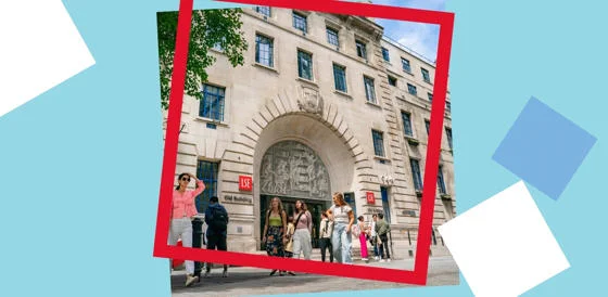 People walking outside the Old Building entrance, LSE Campus