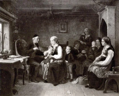 Engraving of a doctor vaccinating a child in a family home