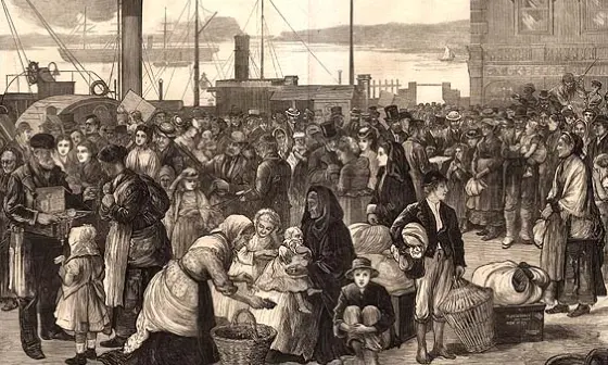 19th century engraving showing a crowd of families on a dockside waiting to embark on a passag to America