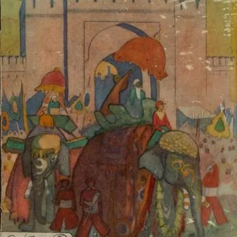 A colourful drawing of elephants and people in front of a city gate