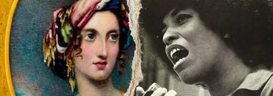 Two women from different historical periods collage with a paper rip between them.