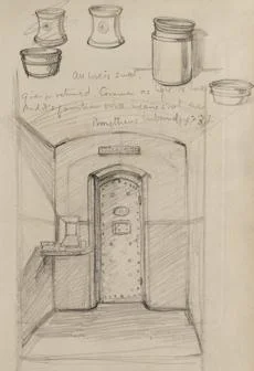 A page of a diary with a drawing of a prison door on