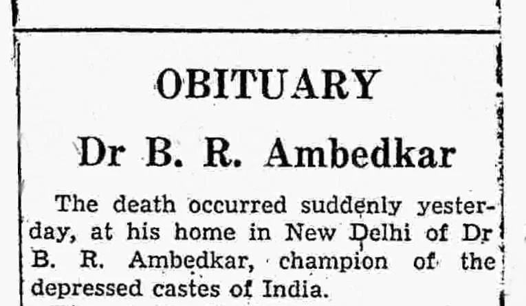 Newspaper clipping of obituary announcing Ambedkar’s death, LSE student file