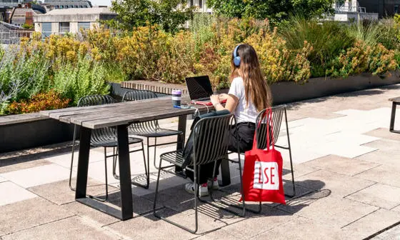 LSE student enjoying views from the CBG campus rooftop