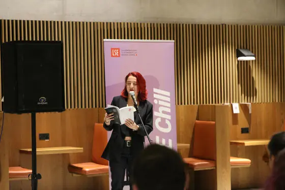 LSE student reading poetry aloud at LSE Chill