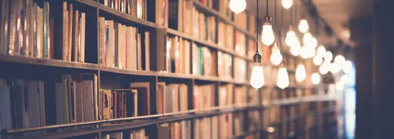 Library with warm lighting