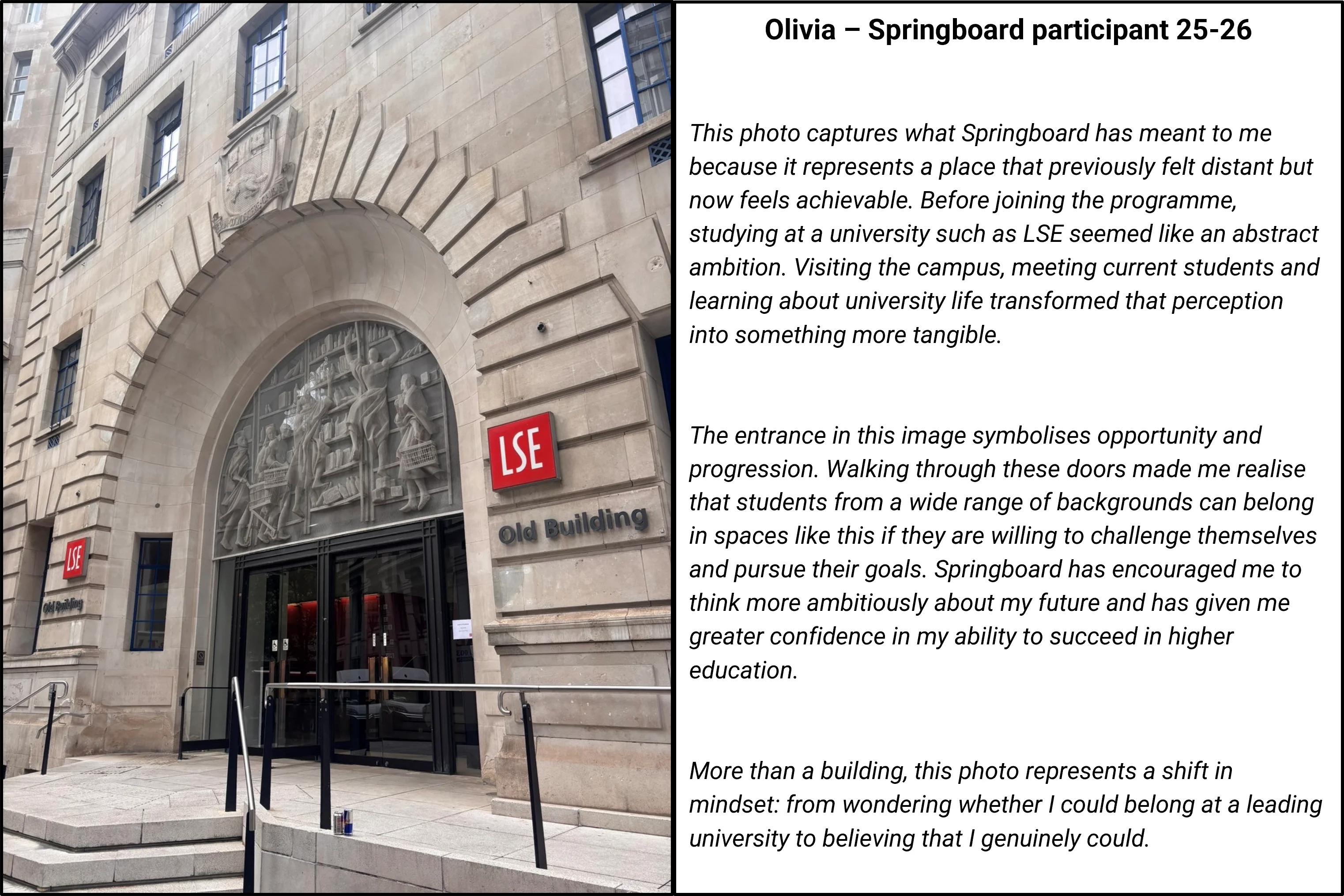 Outside of Old Building, with a quote from a Springboard participant reading "This photo captures what Springboard has meant to me because it represents a place that previously felt distant but now feels achievable. Before joining the programme, studying at a university such as LSE seemed like an abstract ambition. Visiting the campus, meeting current students and learning about university life transformed that perception into something more tangible. The entrance in this image symbolises opportunity and progression. Walking through these doors made me realise that students from a wide range of backgrounds can belong in spaces like this if they are willing to challenge themselves and pursue their goals. Springboard has encouraged me to think more ambitiously about my future and has given me greater confidence in my ability to succeed in higher education.
More than a building, this photo represents a shift in mindset: from wondering whether I could belong at a leading university to believing that I genuinely could.