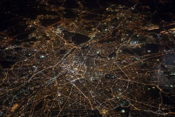 Arial view of a city at night