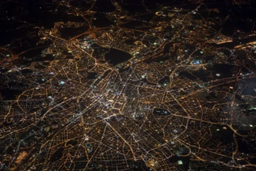 Aerial view of a city at night