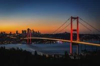 bridge over river in sunset