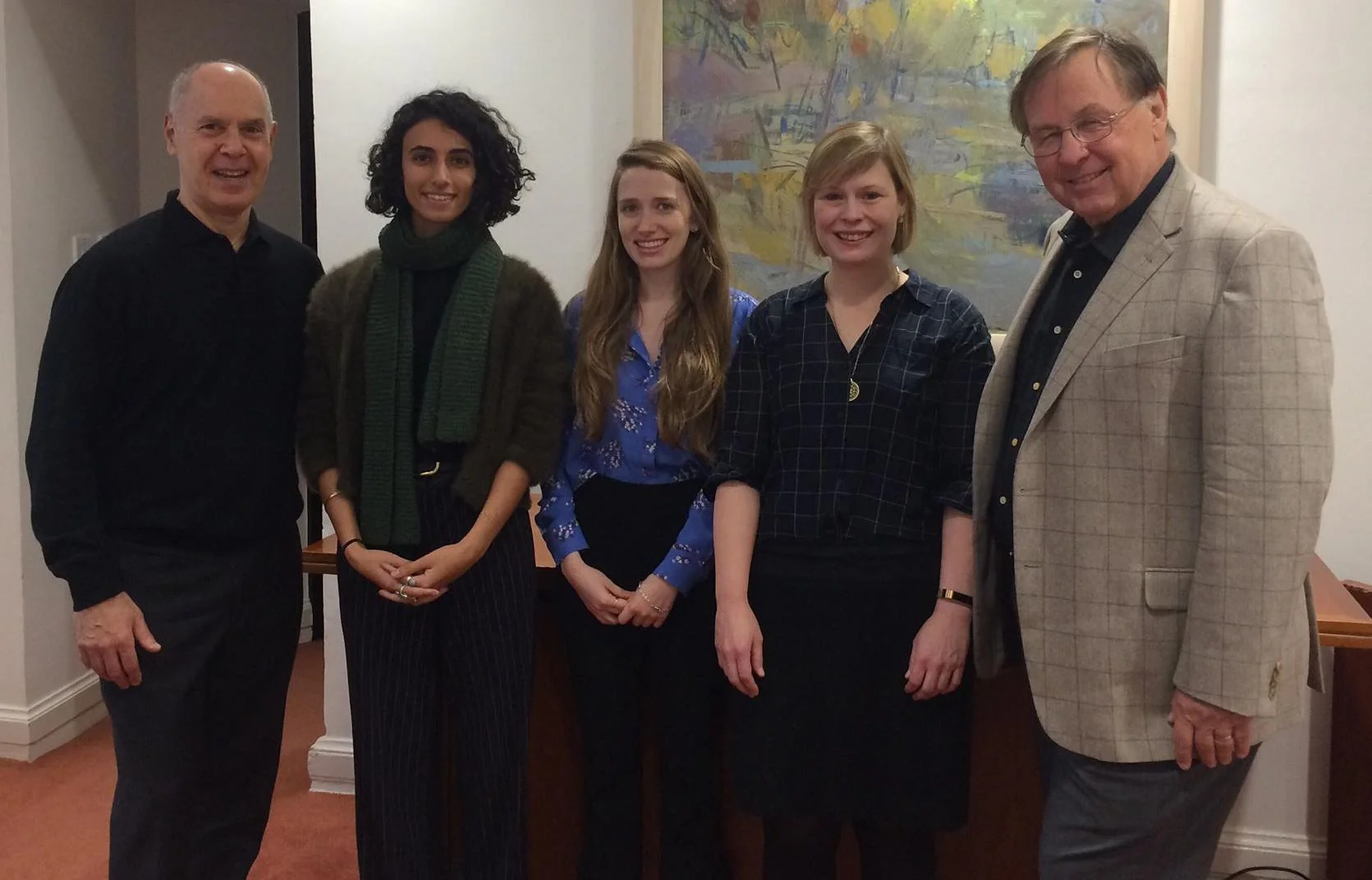 US Centre Director Peter Trubowitz with 2018-19 PhD Summer Grant recipients Marral Shamshiri-Fard, Jacklyn Majnemer, and Ariel Perkins and the programme donor Dr Harold Glass.