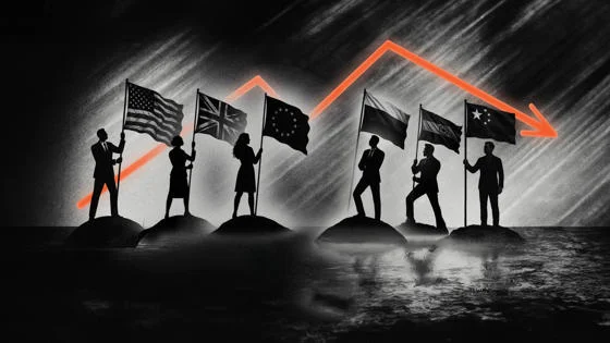 People holding national flags while standing on top of mounds of earth