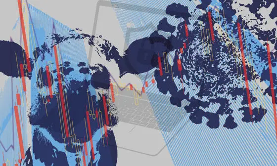 Abstract illustration of a cow, a virus spore and a laptop.