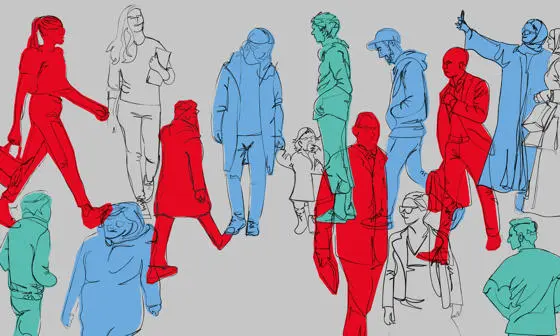 Outlines of people walking.