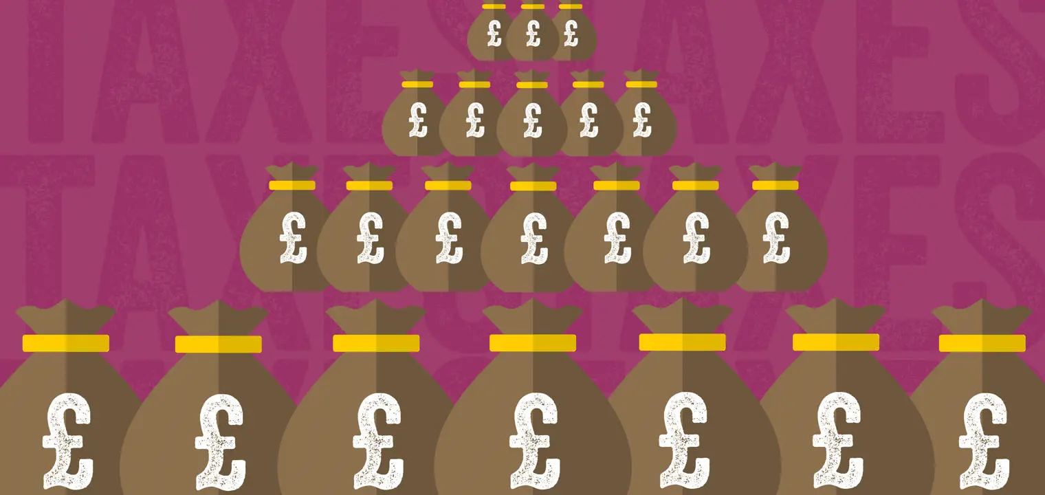 Illustration showing a pyramid of money bags with pound signs on them