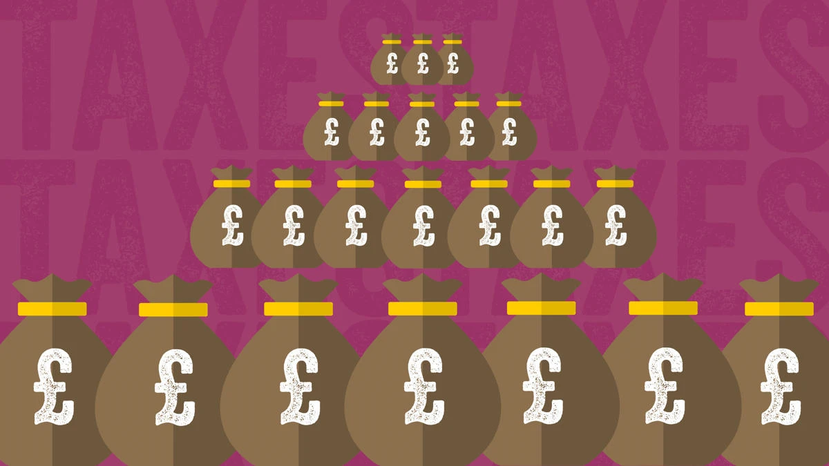 Illustration showing a pyramid of money bags with pound signs on them.