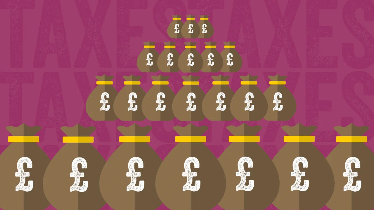 Illustration showing a pyramid of money bags with pound signs on them