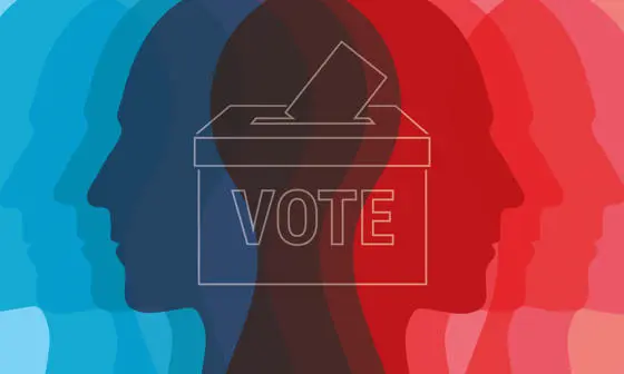 Illustration of a vote box with heads either side.