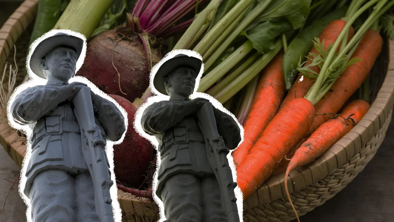 soldiers in front of a basket of vegetables