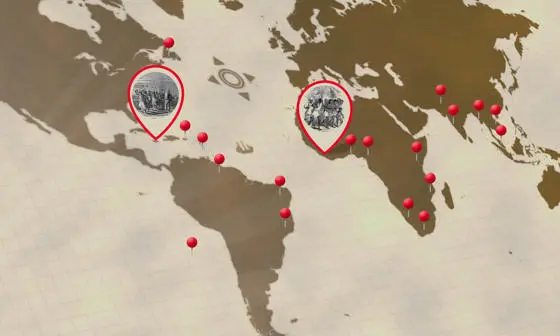 Part of a world map pinpointing the Caribbean and Africa