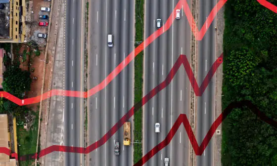 An aerial view of cars on a highway