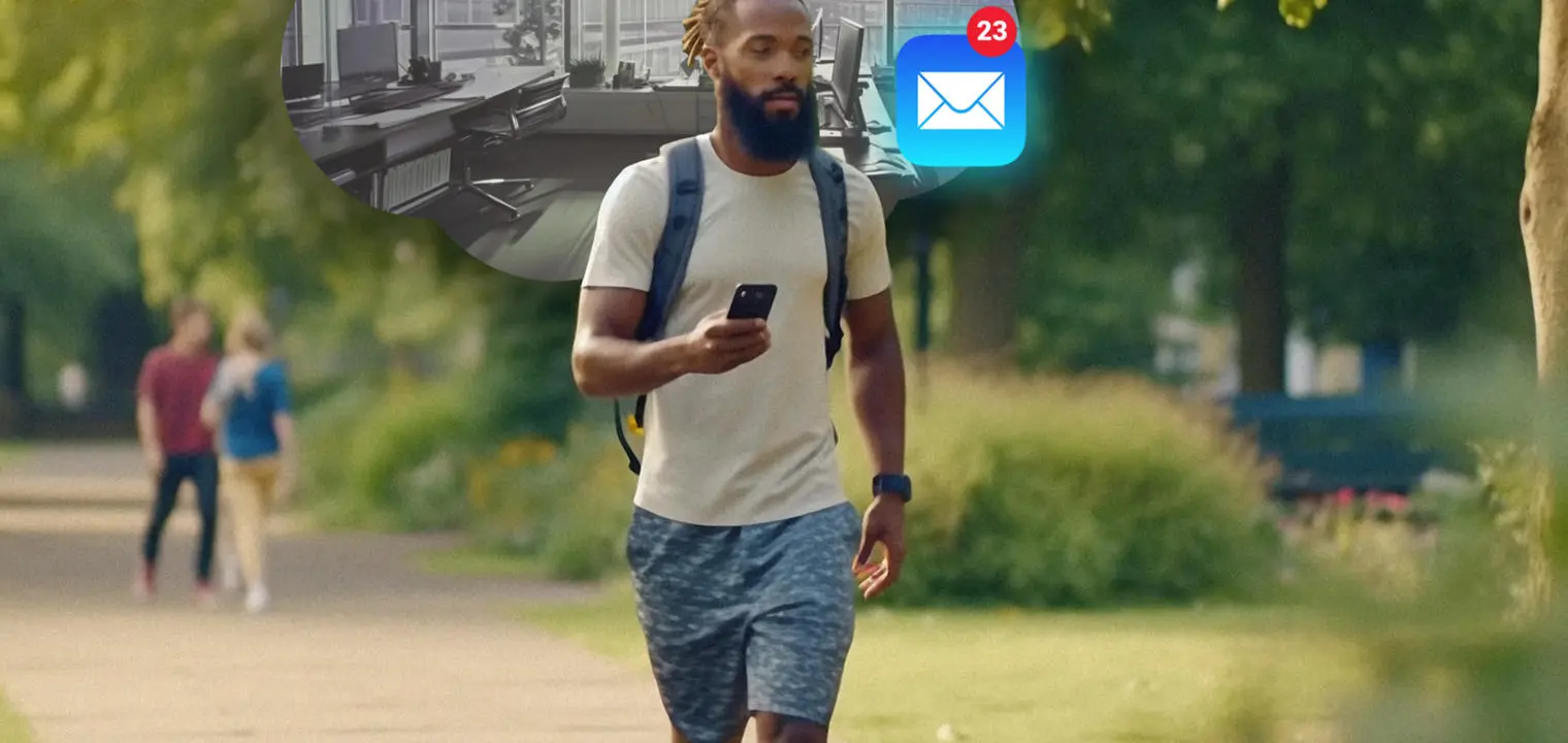 A man checking his work email on his phone while walking in a park