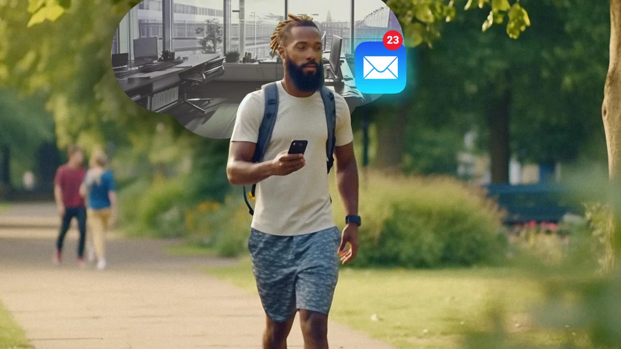 A man checking his work email on his phone while walking in a park