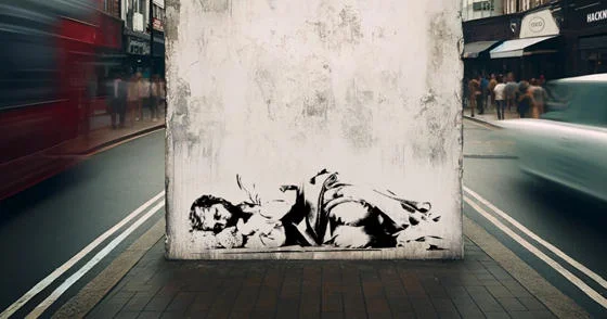 A Banksy-style graffiti of a homeless person on a wall in London