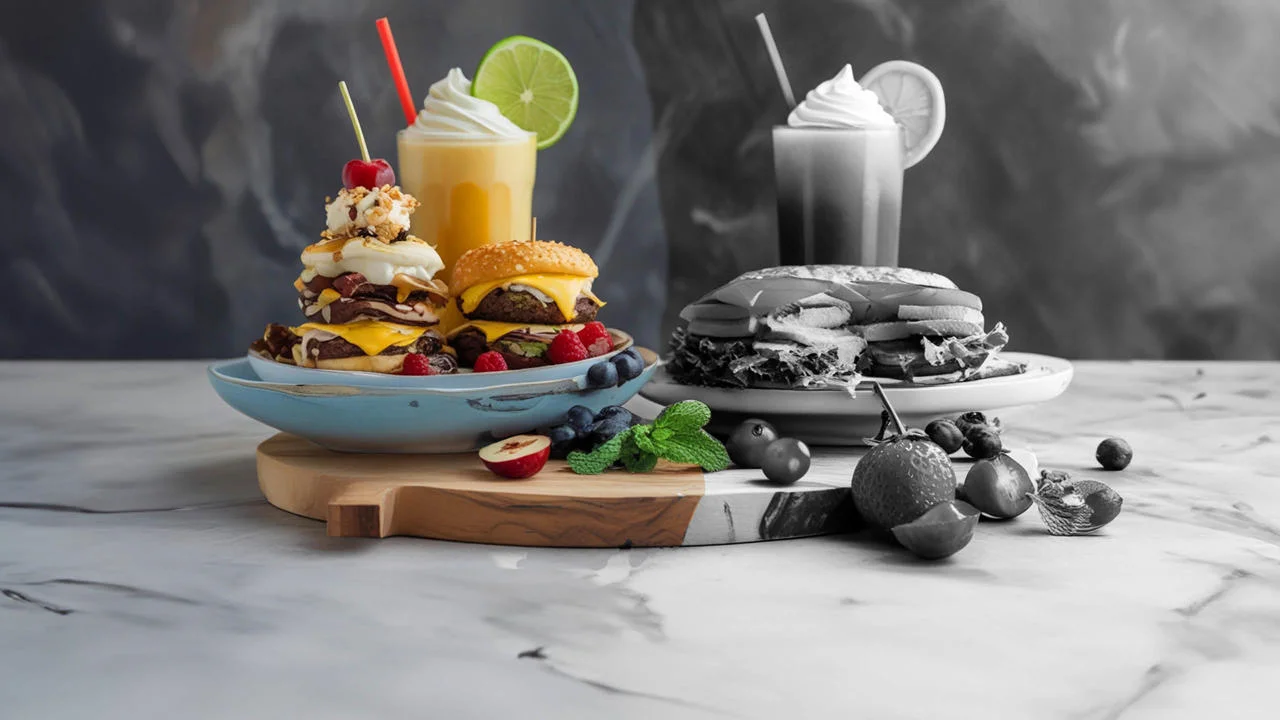 Two plates of food, the healthy one is black and white and the unhealthy is in colour