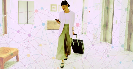 montage featuring woman with travel suitcase on her phone