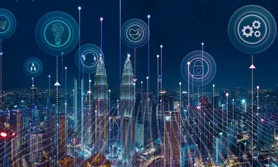 A city skyline on a dark blue background