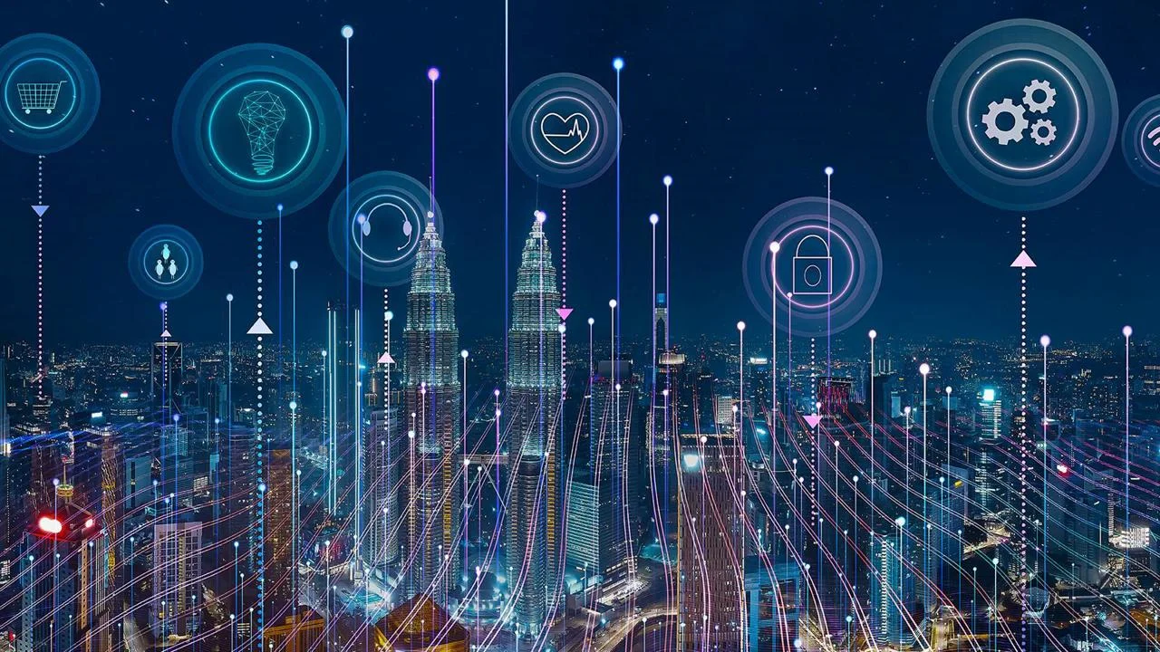 A city skyline on a dark blue background