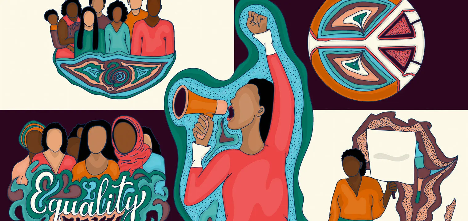 various illustrations including woman with microphone