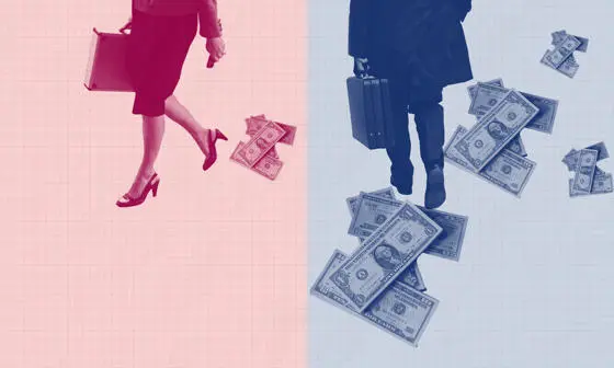 A female figure with a small amount of money next to a male figure with a large amount of money