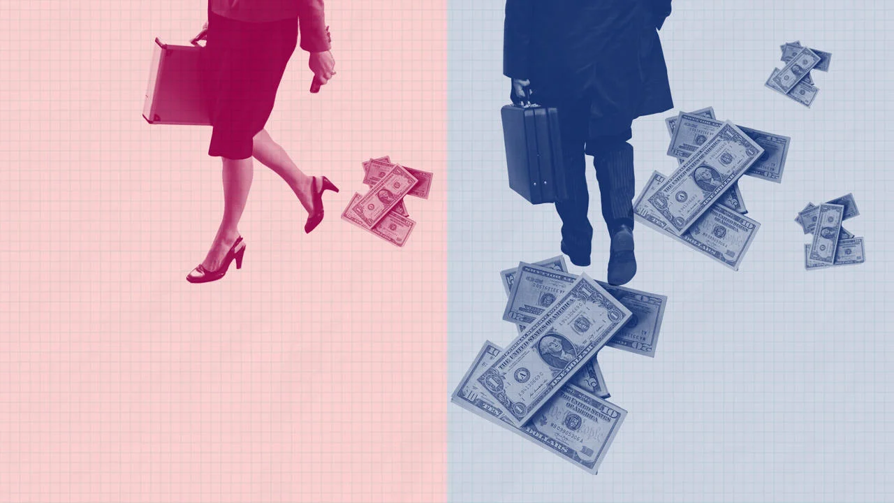 A female figure with a small amount of money next to a male figure with a large amount of money