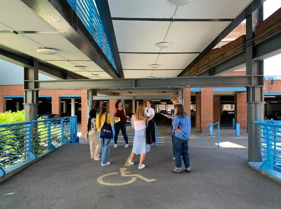 Researchers-in-residence in Trowbridge on a site visit to underutilised space around Trowbridge’s main retail park; the Shires.