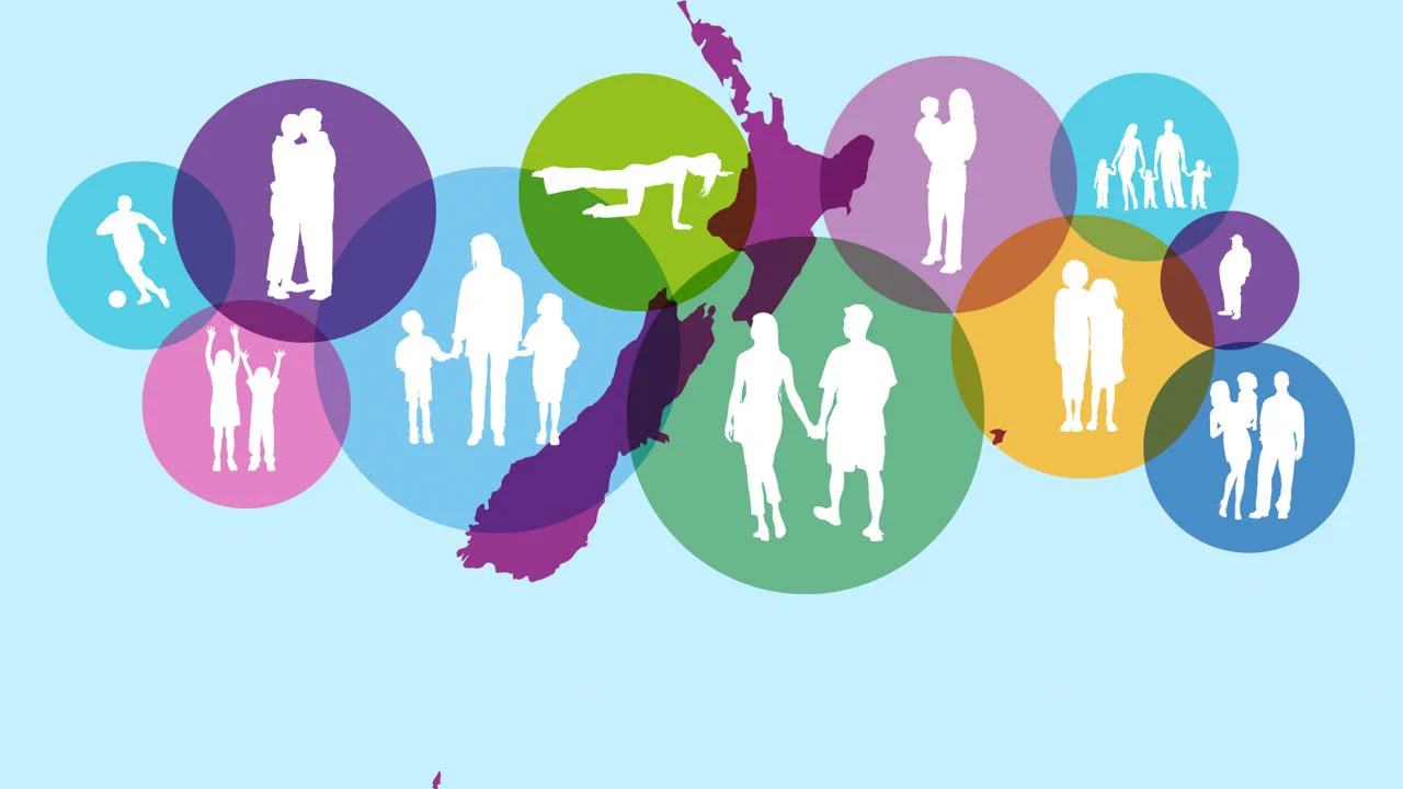 Silhouetted figures in brightly coloured bubbles over an outline of New Zealand