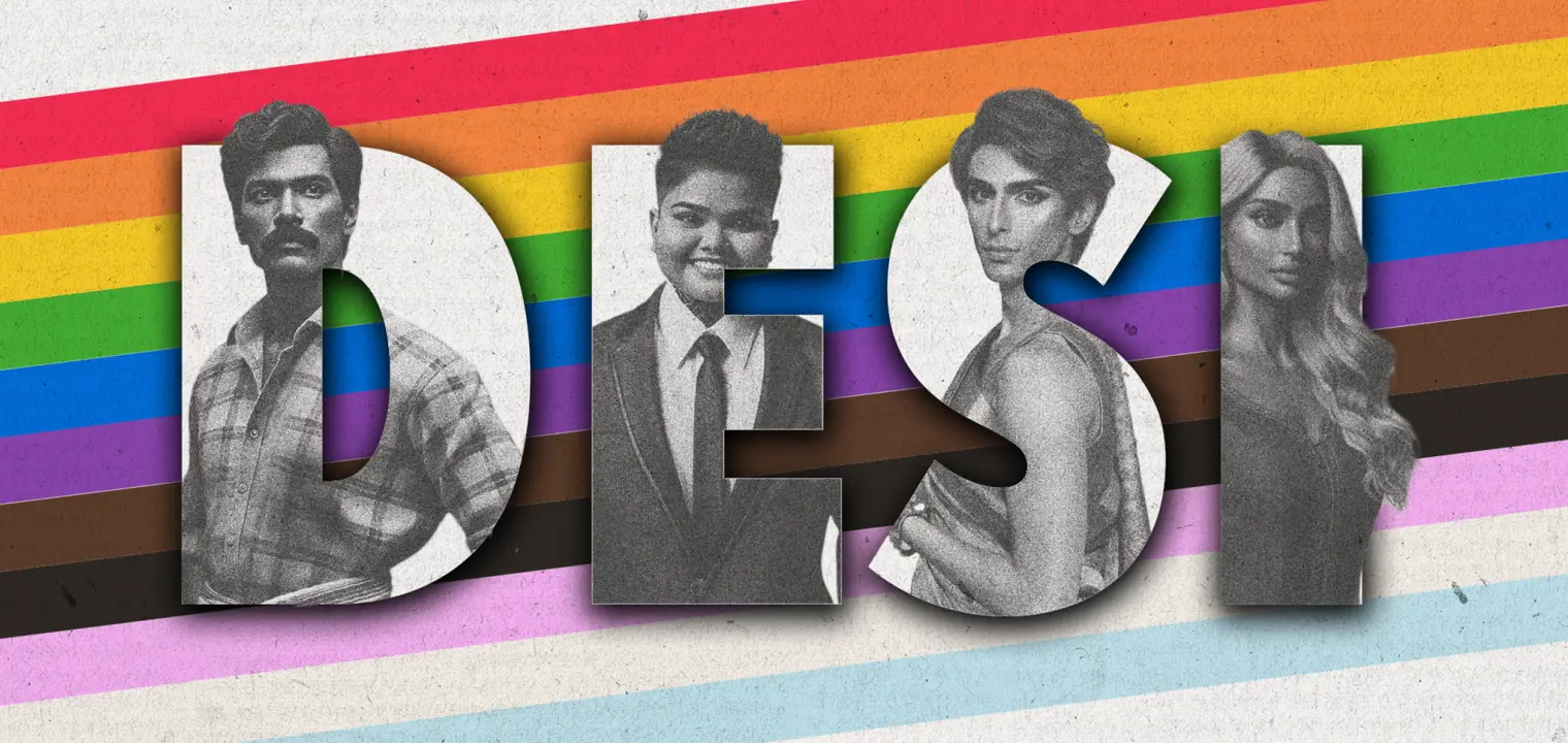 Rainbow flag with the word Desi and photos of South Asian activists