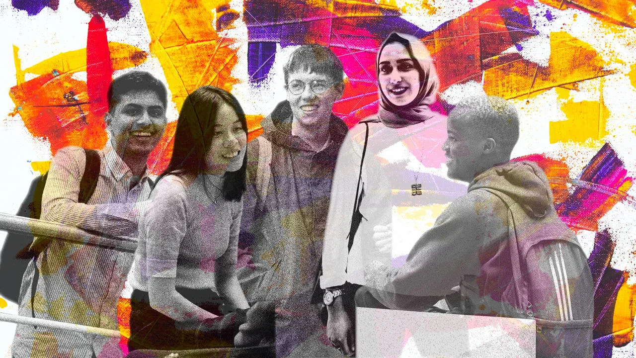 A group of students on a brightly coloured background