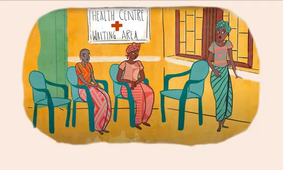 A drawing of a waiting room at a health centre with yellow walls, blue chairs and three young Zambian women.