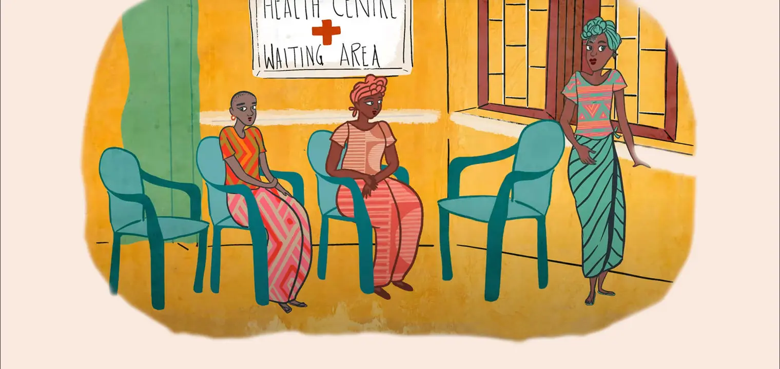A drawing of a waiting room at a health centre with yellow walls, blue chairs and three young Zambian women.