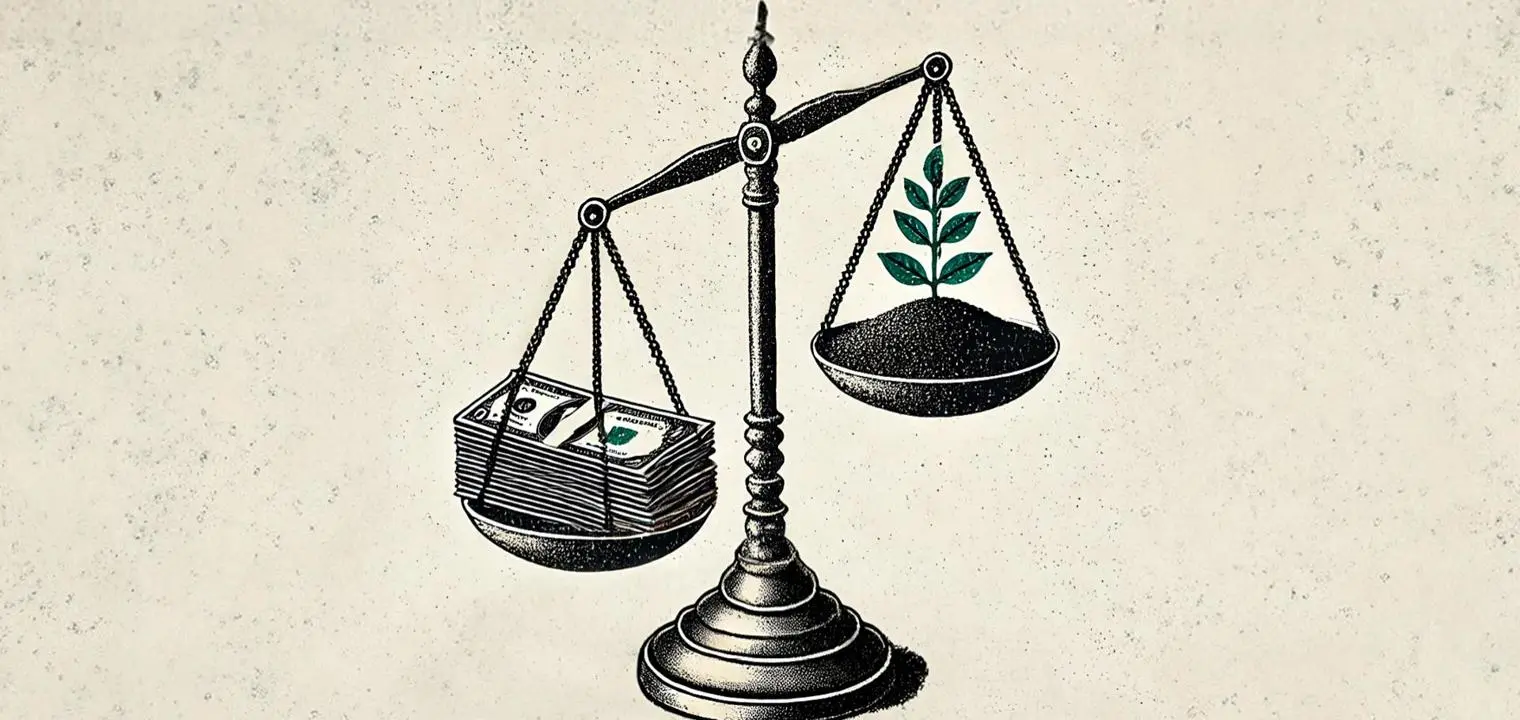 A set of scales showing money on one side and the environment on the other