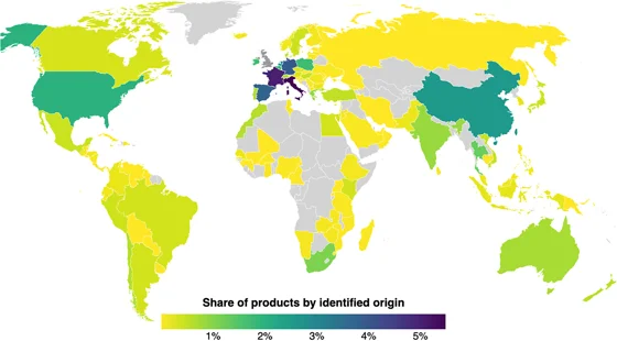 A shaded map of the world: "Share of products by identified origin". Europe and the US are most intensely shaded.