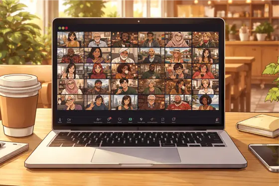 An open laptop with a screen showing an online meeting.
