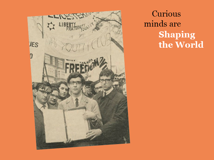 Orange graphic with image of Allan Segal in a protest and the text "Curious minds are shaping the world"