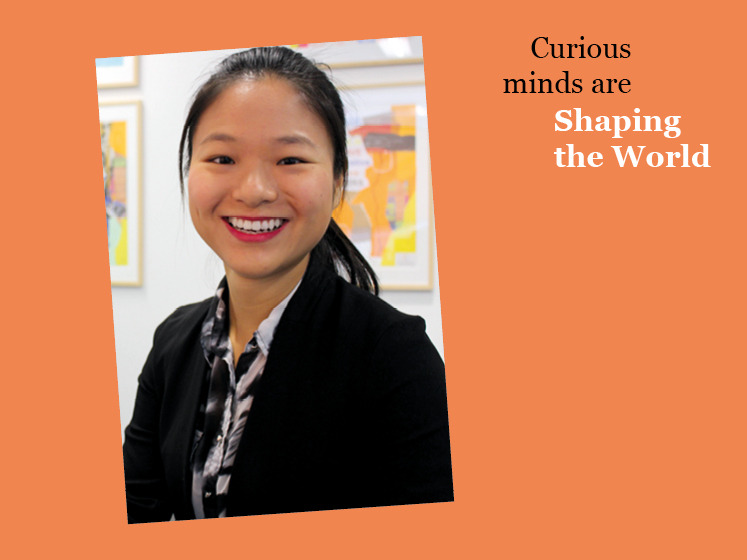 Orange graphic with image of Bingqian Gao wearing a suit and the text "Curious minds are shaping the world"