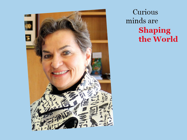 Blue graphic with a profile image of Christiana Figueres and the text "Curious minds are shaping the world"