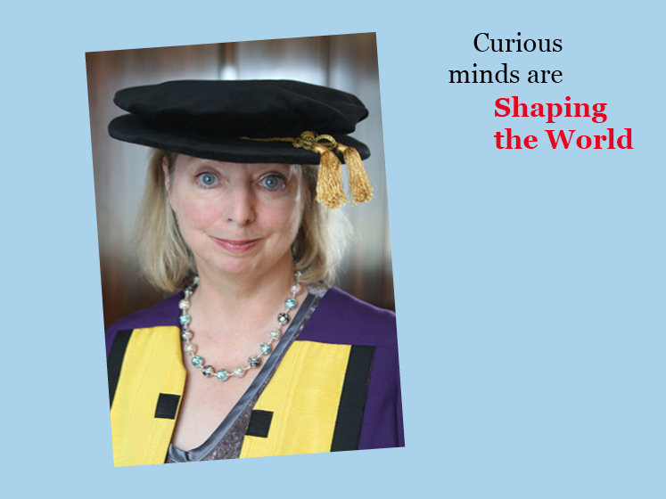 Blue graphic with an image of Dame Hilary Mante and the text "Curious minds are shaping the world"
