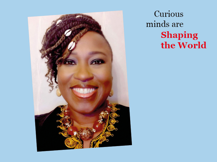 Blue graphic with an image of Dr Shola Mos Shogbamimu and the text "Curious minds are shaping the world"