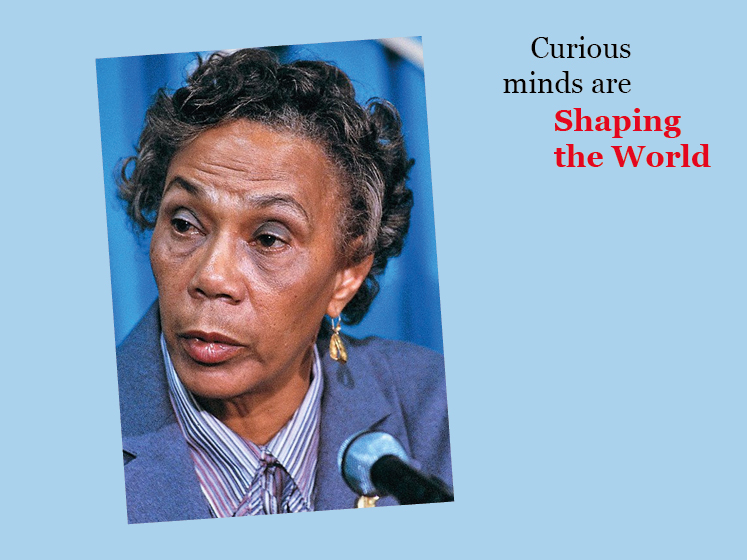Blue graphic with an image of Eugenia Charles and the text "Curious minds are shaping the world"